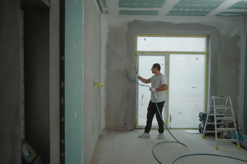 Pièce en cours d'aménagement, murs habillés de plaques de plâtre